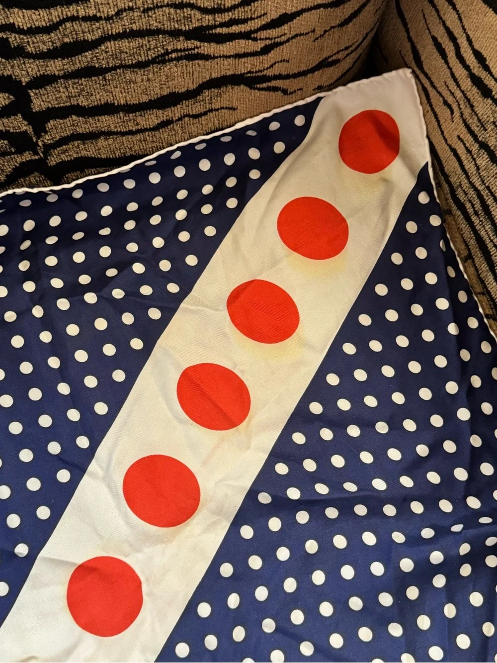 Givenchy Navy and White Polka Dot Silk Accent with Orange Dot Stripe
